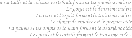 La taille et la colonne vertébrale forment les premiers maîtres / La gorge est le deuxième maître / La terre et l'esprit forment le troisième maître / Le champ de cinabre est le premier aide / La paume et les doigts de la main forment le deuxième aide / Les pieds et les orteils forment le troisième aide